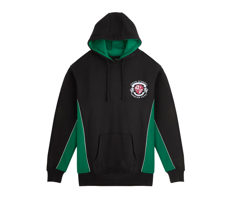 SPIRIT Hooded Top - Black/Emerald with green side panels, kangaroo pocket, and “Your School Emblem Here” crest on left chest.