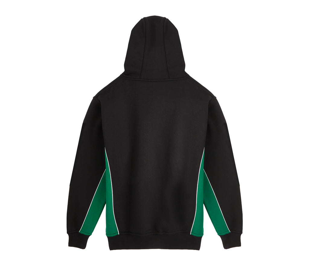 SPIRIT Hooded Top - Black/Emerald features green side-panel inserts, a lined hood with drawstrings, ribbed cuffs and hem, and a kangaroo pocket with phone pocket.
