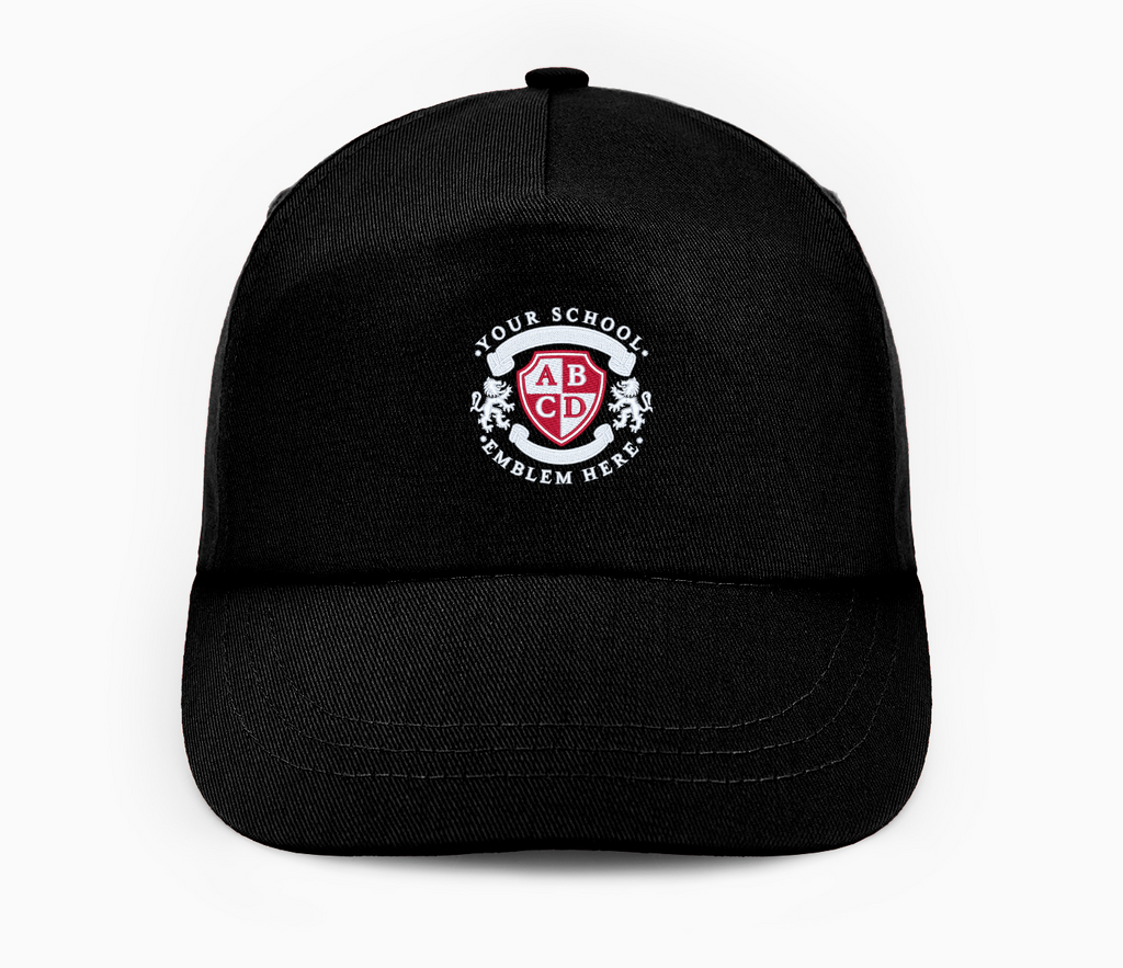 Baseball Cap - Black featuring a red and white logo on the front, 5-panel design, pre-curved peak, and adjustable strap for a comfortable fit.