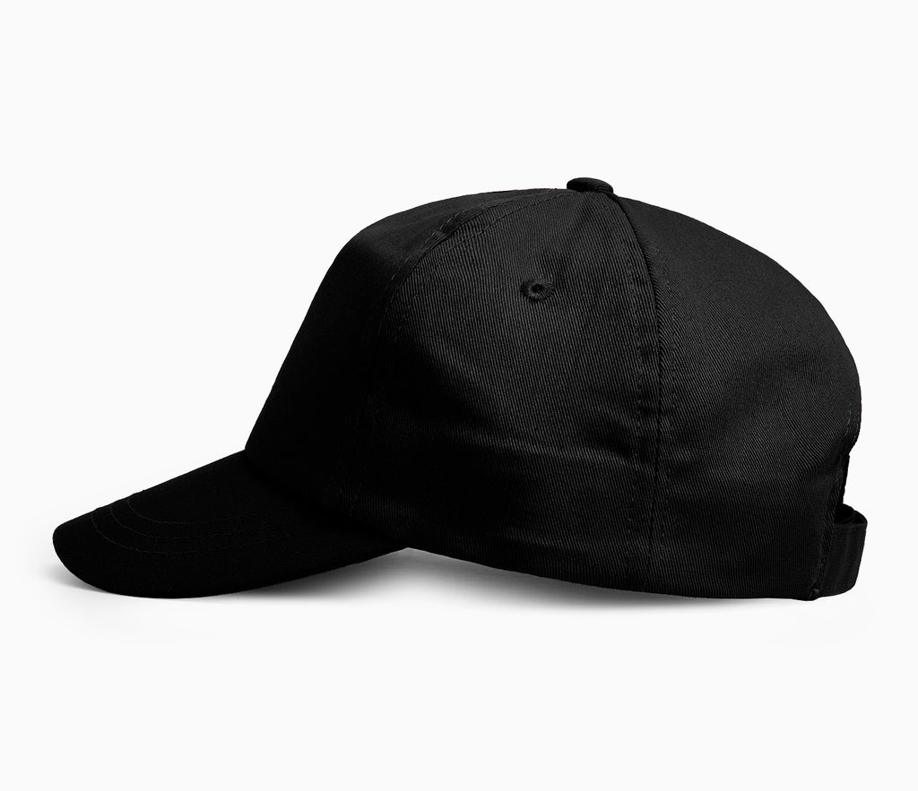 Black Baseball Cap - 100% cotton twill, 5-panel design, full profile, pre-curved peak, stitched eyelets, hinged front support, tear release adjuster visible.