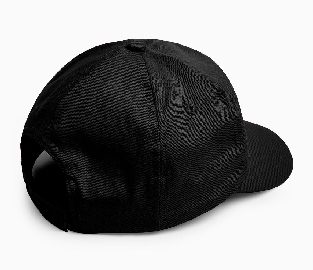 Black Baseball Cap - Full-profile, 5-panel design with pre-curved peak, stitched lines, and stitched eyelets. Features easy tear release size adjuster and hinged front support.