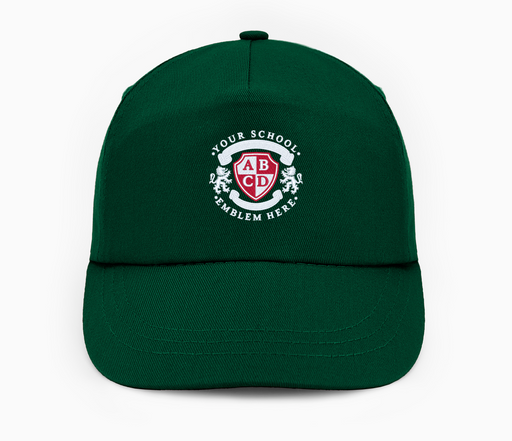 Baseball Cap - Bottle Green with logo, featuring 5 panels, full profile, pre-curved peak, stitched eyelets, and easy tear release adjuster.