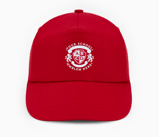 Baseball Cap - Red, featuring a white logo, 5-panel design, pre-curved peak, and tear release adjuster, crafted from 100% cotton twill for comfort.