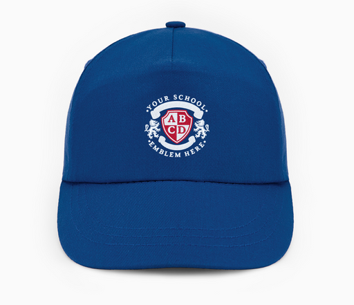 Baseball Cap - Royal Blue featuring a red and white logo, 5-panel design, full profile, pre-curved peak, and adjustable fit with stitched eyelets.
