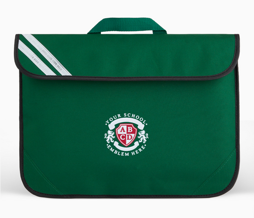 Infant Book Bag - Bottle Green with reflective stripes, flap closure, school emblem placeholder, reinforced corners, and a name card on the back.
