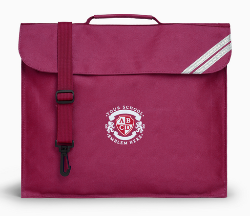 Book Bag - Claret with white logo, Velcro fastening, detachable shoulder strap, and reflective name pocket, ideal for school use.