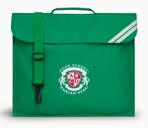 Emerald Green Book Bag featuring a white logo, Velcro fastening, adjustable strap, name pocket with reflective strip, ideal for school use.