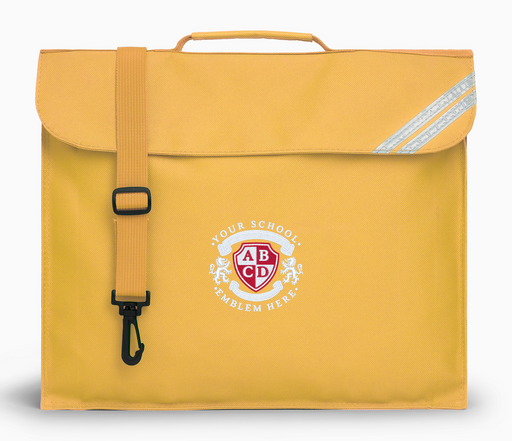 Yellow Book Bag featuring a logo, with Velcro closure, detachable shoulder strap, and a name pocket with reflective strip, ideal for school use.