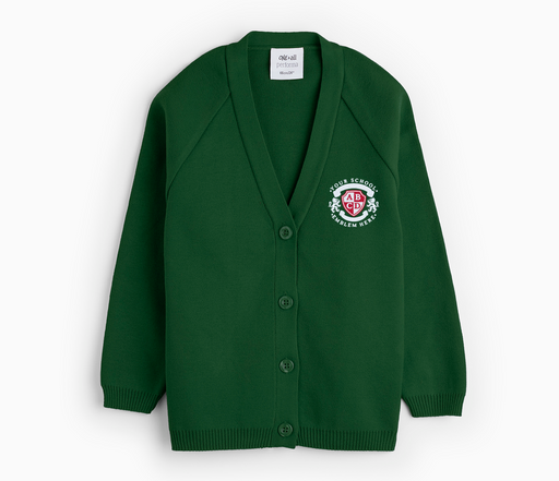 Knitted Cardigan - Bottle Green with logo, featuring raglan sleeves, crafted from 50% cotton and 50% acrylic, showcasing a soft texture.