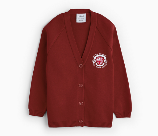 Knitted Cardigan - Burgundy featuring a logo, classic raglan sleeves, and a soft, durable texture made of 50% cotton and 50% acrylic.