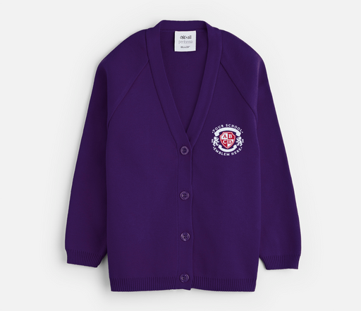 Knitted Cardigan - Purple featuring a subtle logo, classic raglan sleeves, and a white label, crafted from soft cotton-acrylic blend for lasting comfort.
