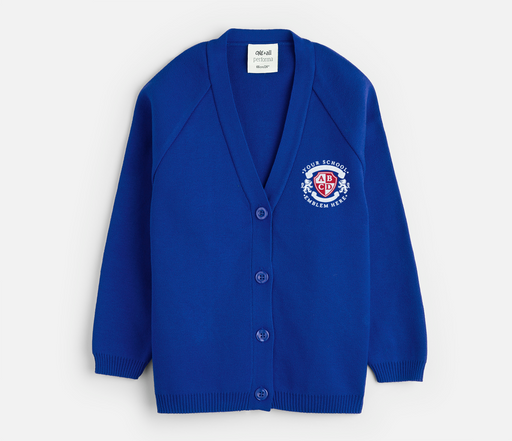 Knitted Cardigan - Royal Blue featuring a logo and a white label, designed with classic raglan sleeves, crafted from a cotton-acrylic blend for durability and comfort.