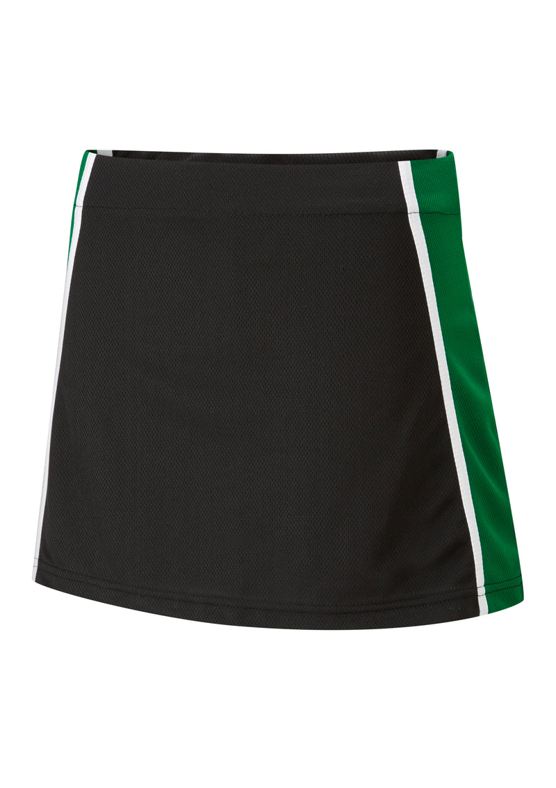 SPIRIT Panelled Skort - Black/Emerald featuring a black A-line design with green side panels, white stripes, and a flat elastic waistband for a fitted look.