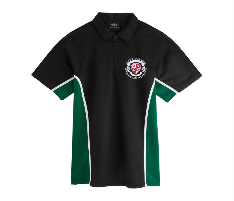 SPIRIT Sports Polo - Black/Emerald with short sleeves, green side panels, white piping, three-button placket, collar, and generic school crest on chest. 