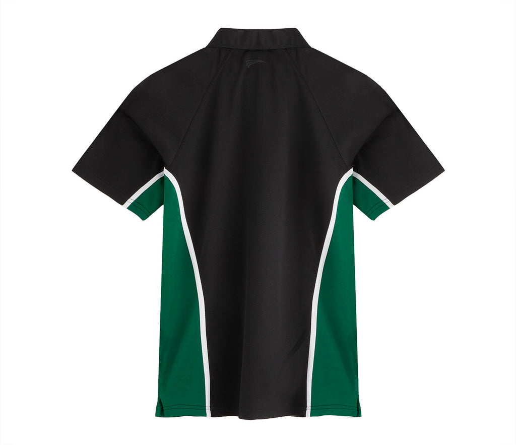 SPIRIT Sports Polo - Black/Emerald, featuring a black back with dark-green side panels, fold-over collar, and mesh fabric for enhanced breathability and mobility.
