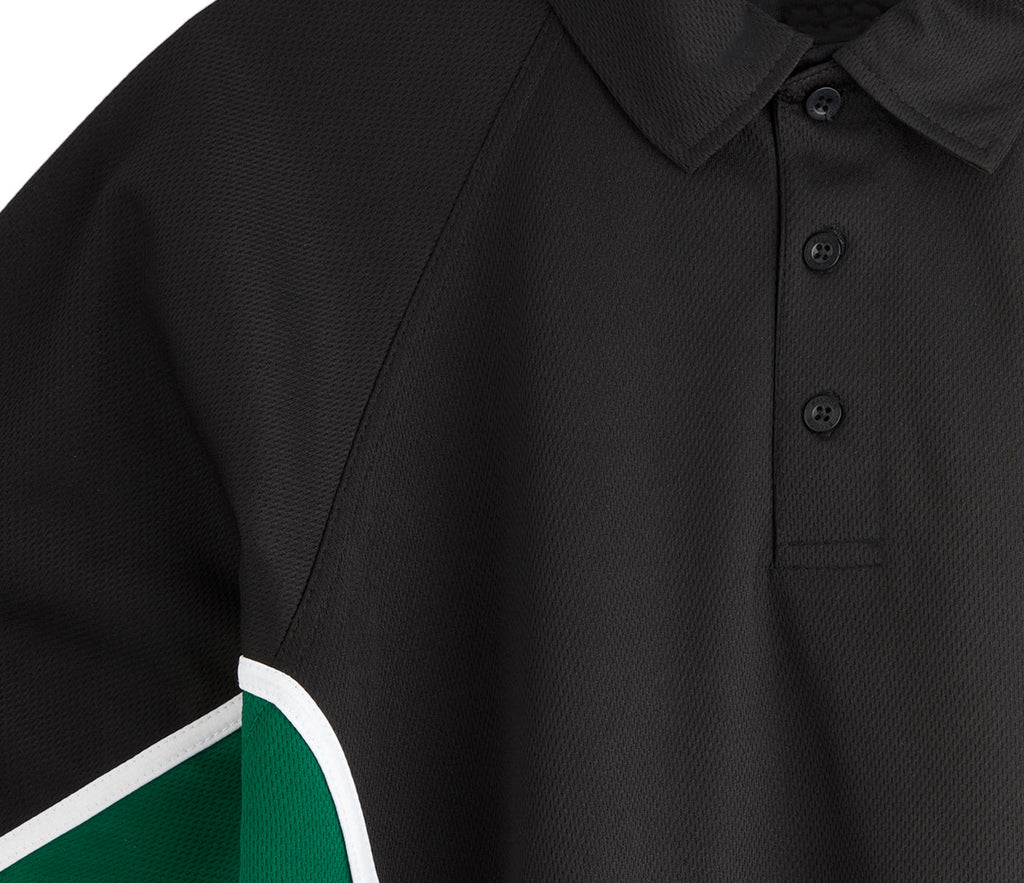 SPIRIT Sports Polo - Black/Emerald: Close-up of black polo shirt with a textured knit, fabric collar, green panel with white edging on sleeve, and three-button placket.