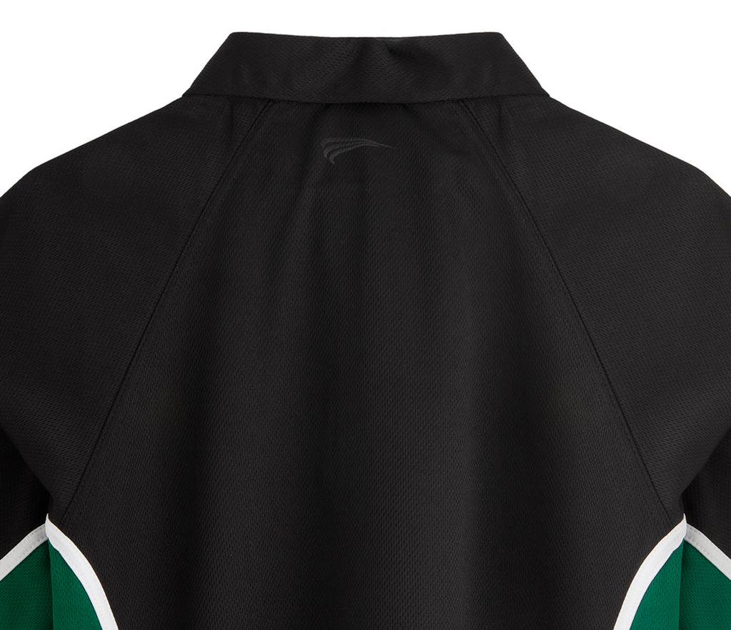 SPIRIT Sports Polo - Black/Emerald featuring a mesh-style fabric, angled raglan seams, fold-over collar, and visible green side inserts with white piping.