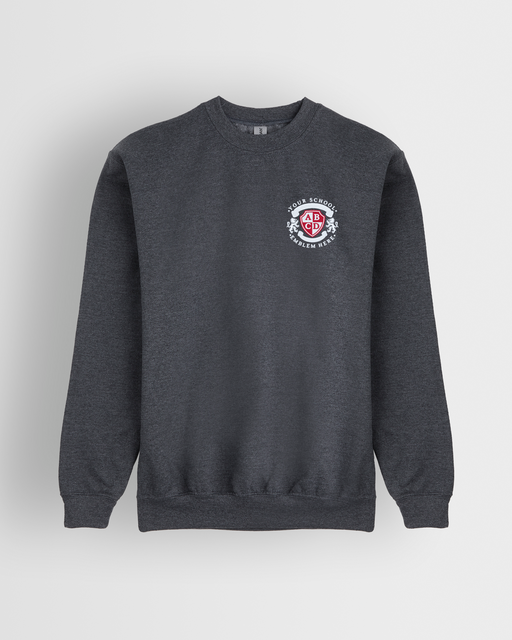 Round Neck Sweatshirt - Charcoal with embroidered logo, featuring long sleeves, designed for comfort and durability, suitable for school wear.