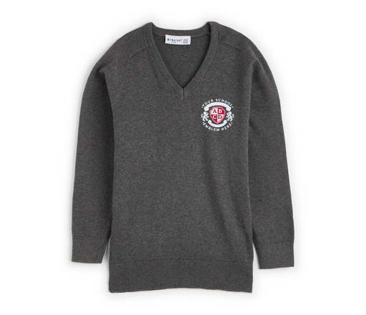V Neck Jumper - Grey (TT), showcasing a soft, 100% cotton fabric with a logo, ideal for smart school wear. Available in various sizes.