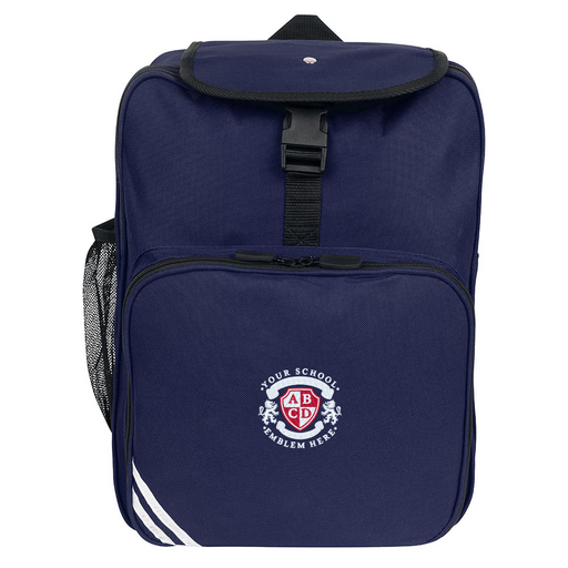 Junior Backpack - Navy featuring a logo, front pocket with detachable pencil case, mesh side pocket, reflective strips, and padded shoulder straps for comfort.