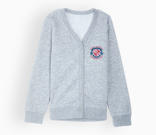 Jersey Cardigan - Grey featuring a logo, long sleeves, and a comfortable fit, approved for school colors and embroidery, ideal for school wear.