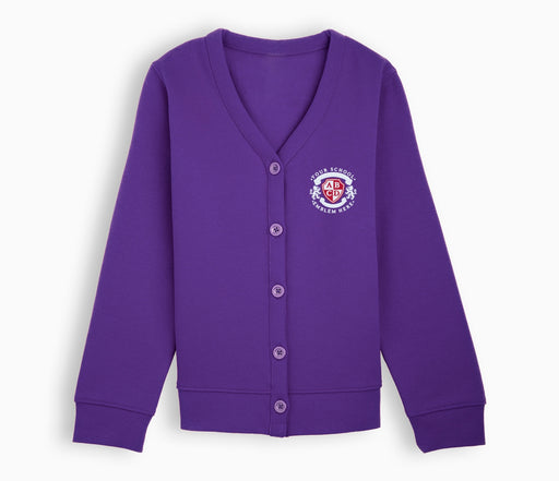 Purple Jersey Cardigan featuring a school logo, long sleeves, button-up design, and durable fabric, suitable for school wear with embroidery.