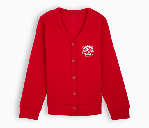 Jersey Cardigan - Red featuring a logo, designed for comfort and durability, with long sleeves and school-approved embroidery on cotton fabric.