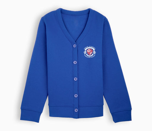 Jersey Cardigan - Bright Royal Blue featuring a logo, long sleeves, and buttons, designed for comfort and durability, suitable for ~SCHOOLNAME~ uniform.