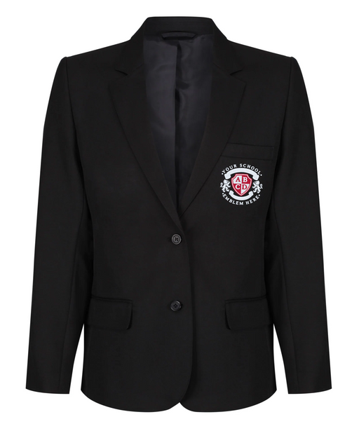 Academy Blazer - Girls - Black, featuring a logo, tailored fit with button fastening, suit-style pockets, and Teflon EcoEliteTM finish.
