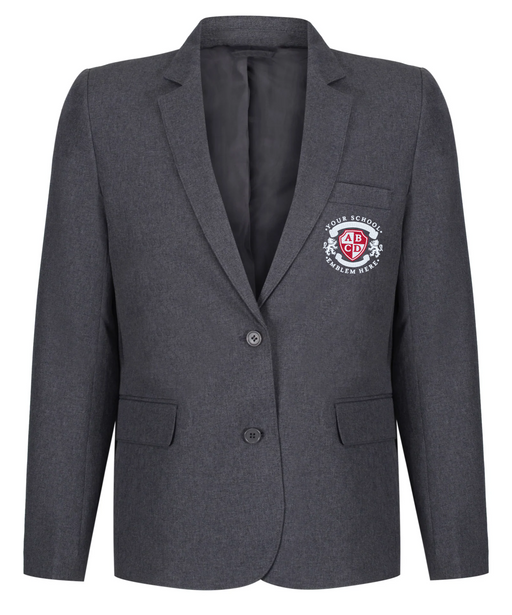 Grey Academy Blazer for Girls with a logo, tailored fit, two-button fastening, suit-style pockets, made from recycled polyester with stain-repel finish.