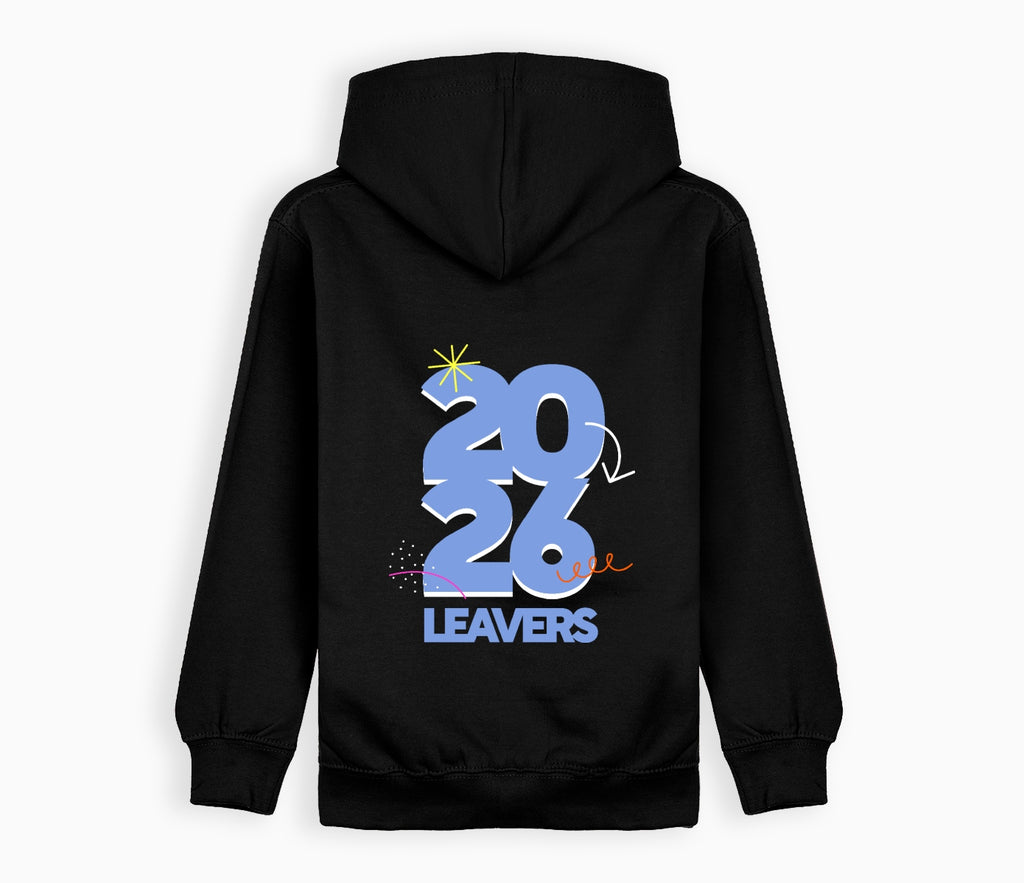 Leavers Hoodie 2026 - Black, showcasing 2026 with playful accents and LEAVERS text on the back. Features include a front pocket and durable drop shoulder design.