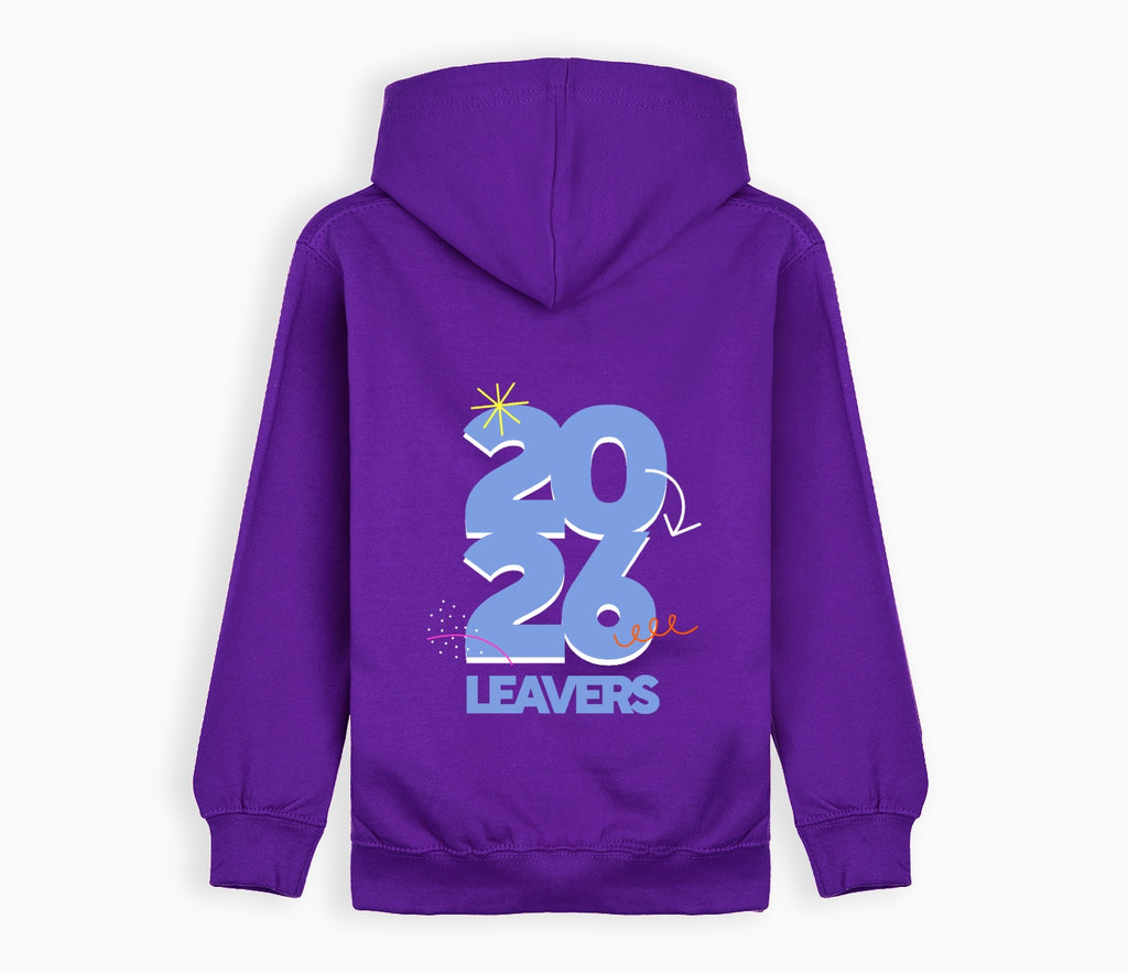 Leavers Hoodie 2026 - Purple, showing a playful 20 26 design with graphic accents on the back, featuring durable twin-needled hems and a front pocket.