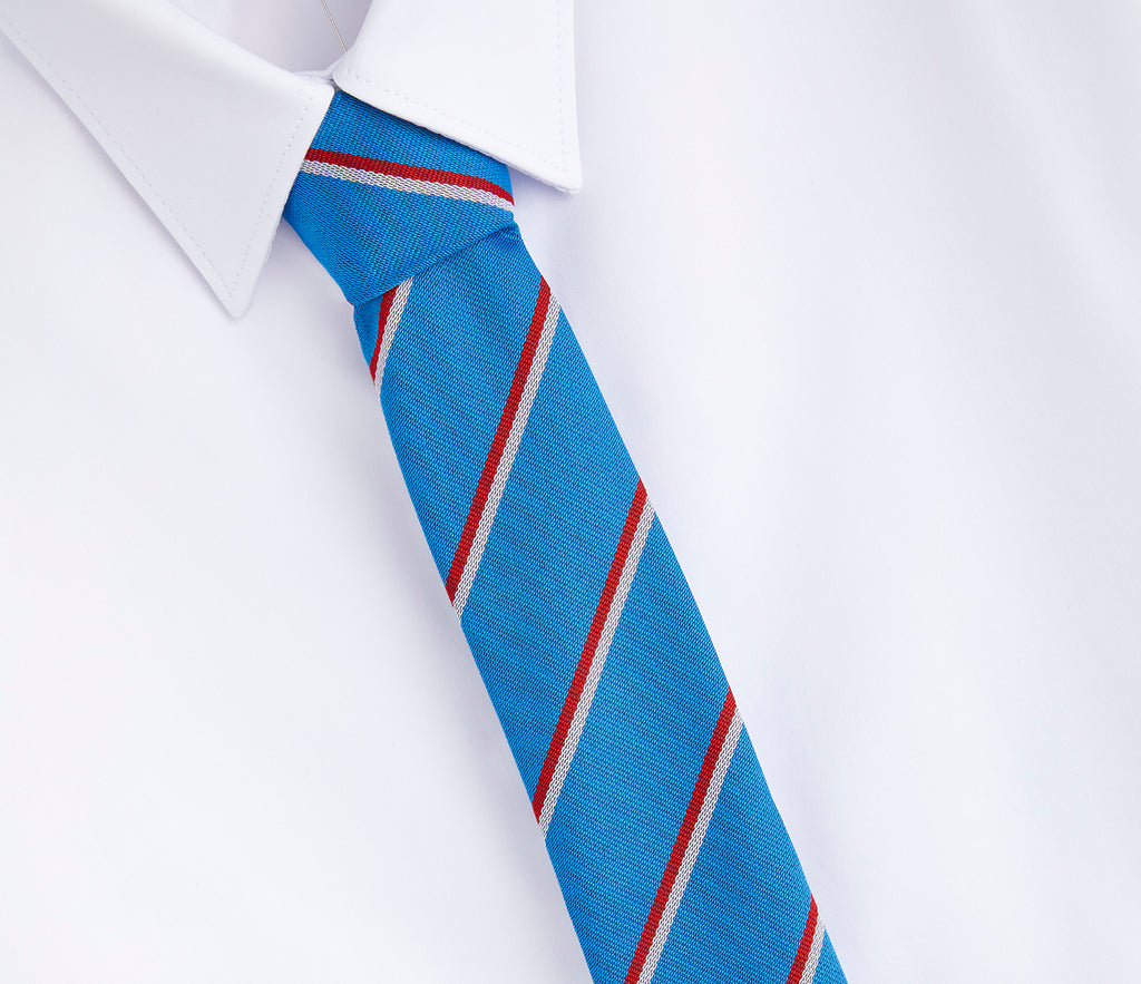 Long Field Spencer Academy Tie featuring a pattern of red and white stripes on a blue background, designed for Phoenix House.