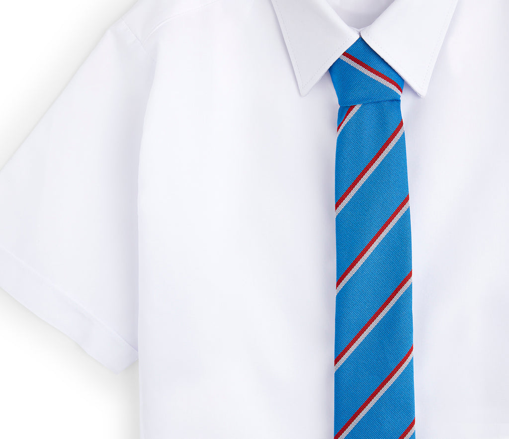Long Field Spencer Academy Tie - Blue/Red (Phoenix House): A blue and red striped polyester tie displayed on a white dress shirt with a collar.