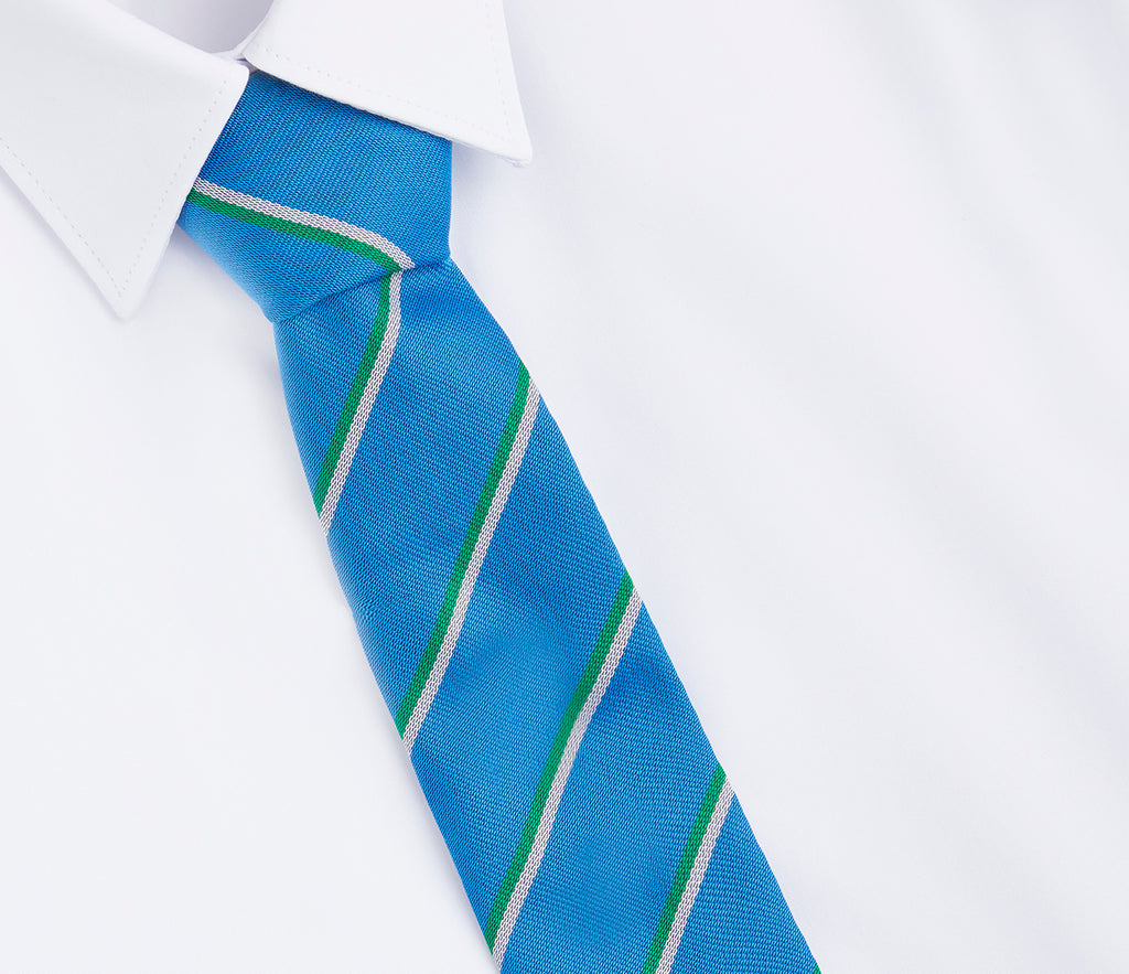 Long Field Spencer Academy Tie featuring blue and green stripes, designed for Phoenix House, crafted from polyester. Ideal for formal school attire.