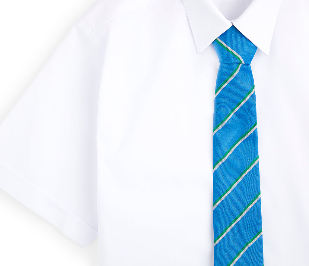 Long Field Spencer Academy Tie - Blue/Green: A polyester tie featuring blue and green stripes, paired with a white dress shirt, showcasing sleek, formal attire.