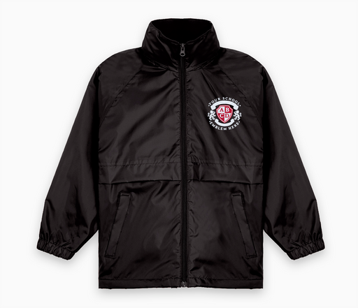 Microfleece Lined Jacket - Black featuring a logo, waterproof hood, and zipper, designed with elasticated cuffs and a warm microfleece lining for everyday schoolwear.