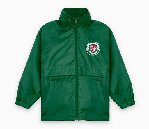 Microfleece Lined Jacket - Bottle Green featuring a logo, fold-away hood, elasticated cuffs, and green zipper, ideal for schoolwear with waterproof and lightweight design.