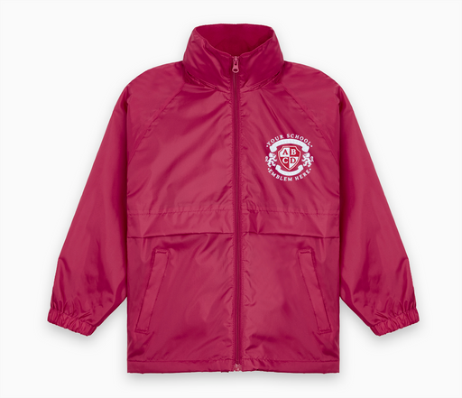 Microfleece Lined Jacket - Burgundy features a logo, waterproof hood, elasticated cuffs, and zipper, ideal for schoolwear.