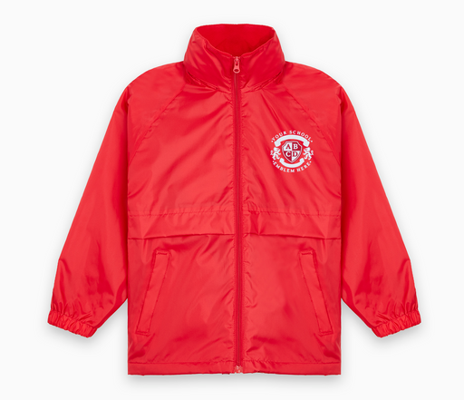 Microfleece Lined Jacket - Red featuring a logo, waterproof hood, and elasticated cuffs, ideal for schoolwear, with a cozy microfleece lining.