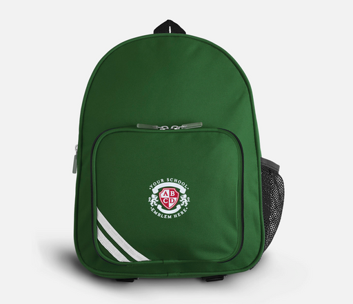 Primary Rucksack - Bottle Green featuring a logo, reflective strip, zipped front compartment, and side net pockets, with adjustable padded shoulder straps.