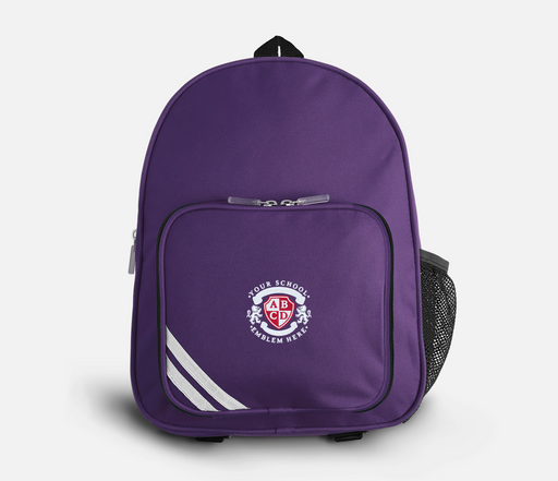 Primary Rucksack - Purple with logo, reflective strip, side net pockets, zippered front compartment, and padded straps, ideal for school use.