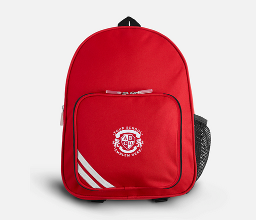 Primary Rucksack - Red with white stripes, featuring a front zipped compartment, reflective strip, net side pockets, and adjustable padded shoulder straps.