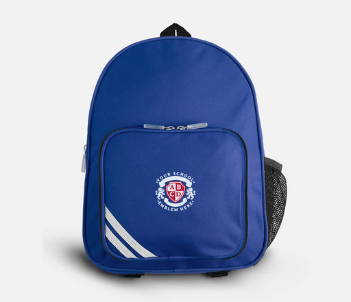 Primary Rucksack - Royal Blue with logo, featuring white stripes, front zip compartment, reflective strip, and net side pockets, ideal for school use.