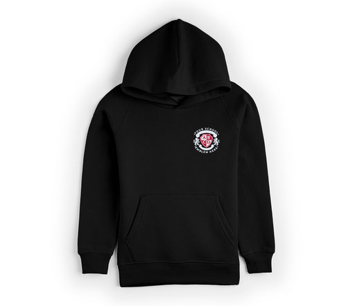 Black Hoodie with logo, featuring a front pocket, drop shoulder design, and durable twin-needled neck, cuffs, and hems for schools.