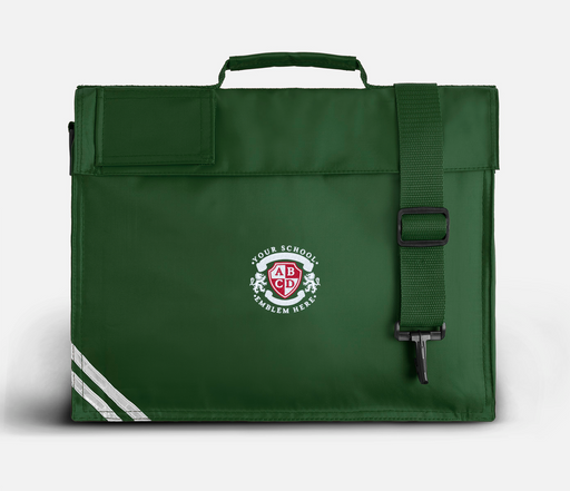 Book Bag - Bottle Green with detachable strap, Velcro fastening, and logo; features name pocket with reflective strip, ideal for school use.