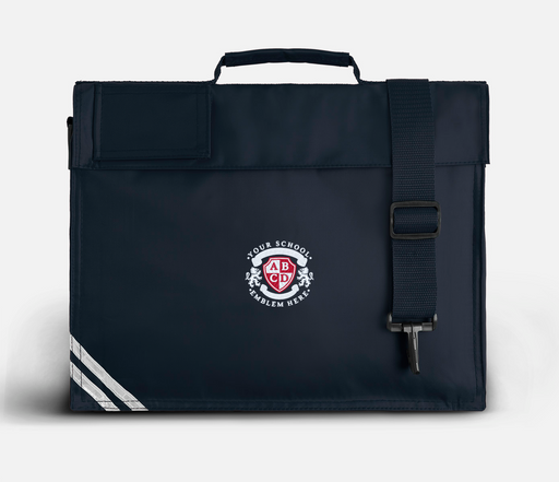 Book Bag - Navy with adjustable strap, Velcro fastening, and name pocket. Features reflective strip, perfect for school books. Embroidered to order.