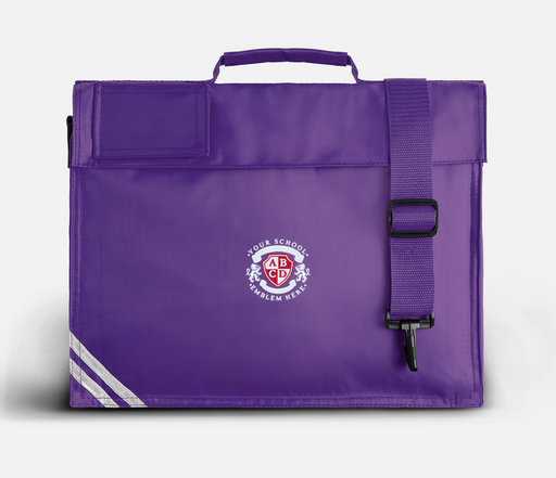 Book Bag - Purple with detachable strap, Velcro fastening, name pocket, and reflective strip, ideal for carrying school books securely.