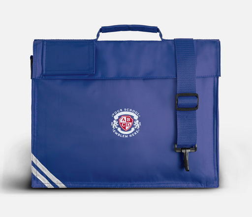 Royal Blue Book Bag with strap, Velcro fastening, reflective strip, name pocket, and black plastic buckle; ideal for school with adjustable, detachable shoulder strap.