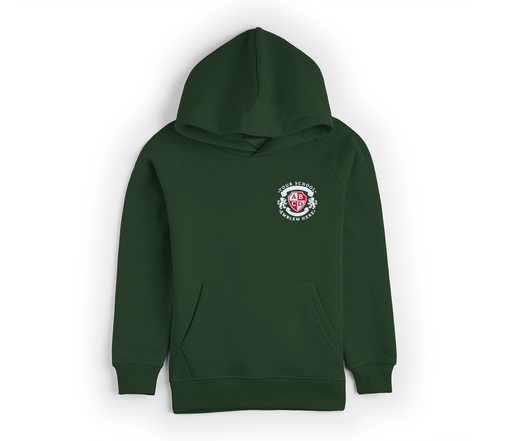 Leavers Hoodie 2025 - Bottle Green featuring a logo, front pocket, and drop shoulder style, crafted from 50% polyester, 50% cotton for comfort and durability.